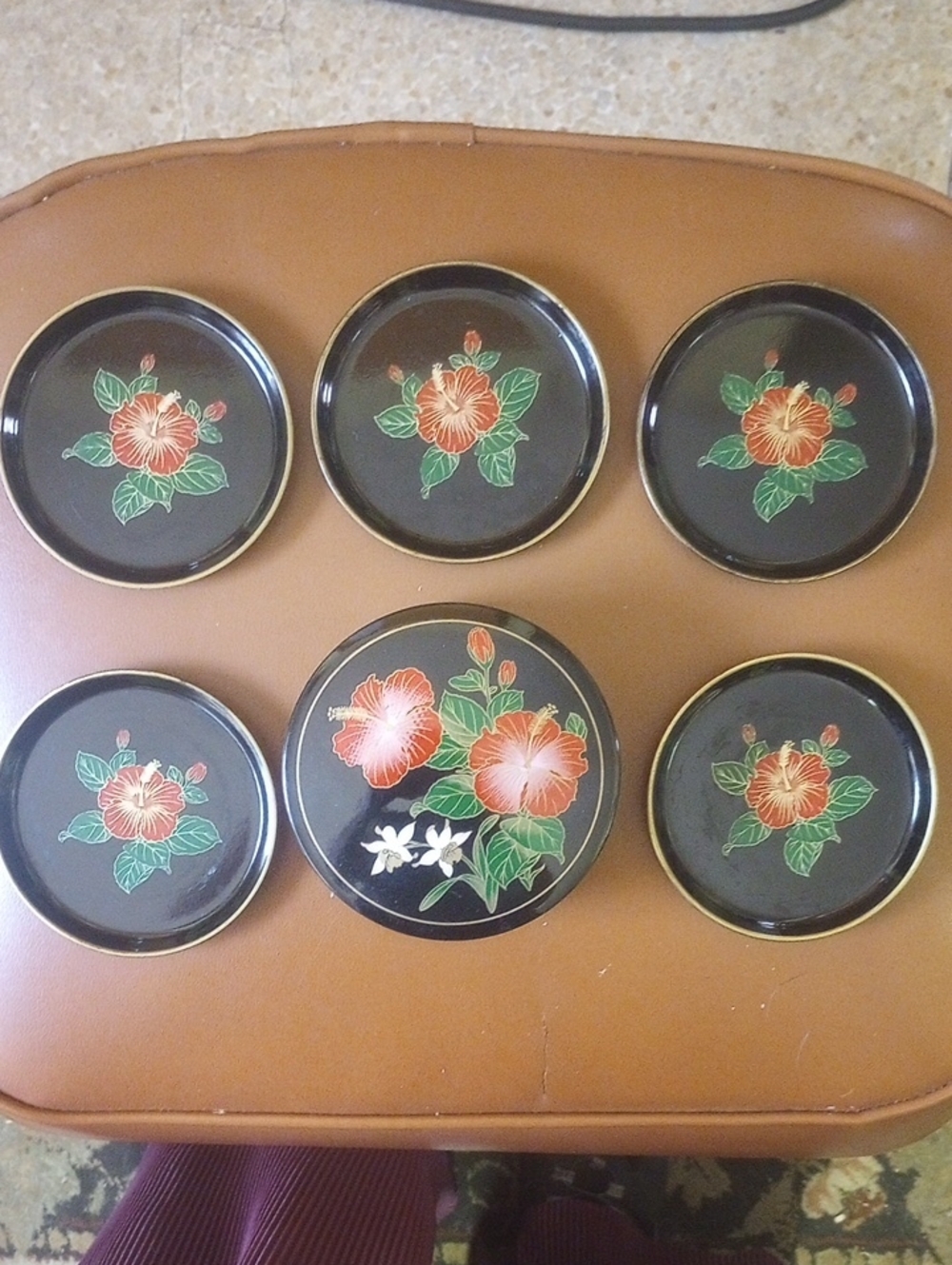 Asahi Set of 5 Vintage Japanese Floral Coasters in Round Storage Container